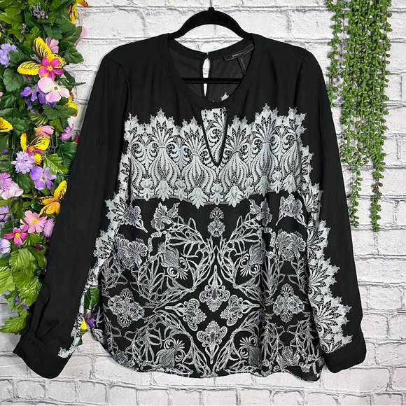 °BCBGMaxAzria Black Printed Long Sleeve Keyhole Cutout Blouse Size Large - Picture 1 of 15